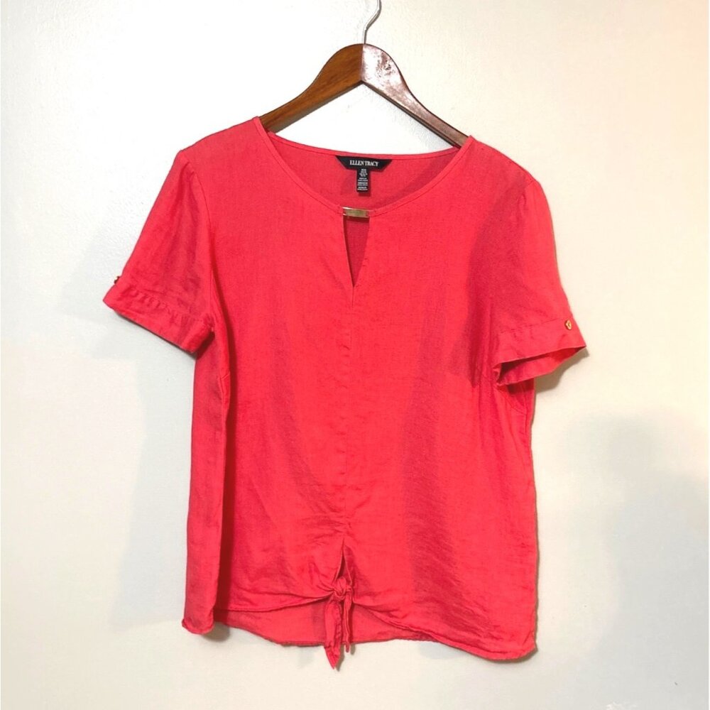 Ellen Tracy Bright Coral Short Sleeve Linen Blend Top W/ Keyhole Neck & Tie Fron